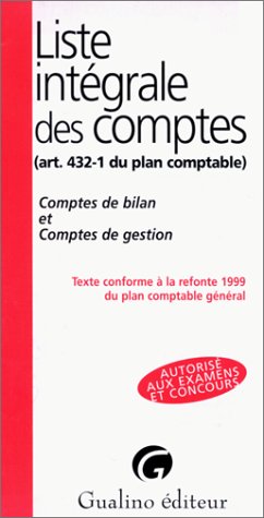 LISTE INTEGRALE DES COMPTES. Comptes de bilan et comptes de gestion, Texte conforme à la refonte 1999 du plan comptable général LISTE INTEGRALE DES COMPTES. Comptes de bilan et comptes de gestion, Texte conforme à la refonte 1999 du plan comptable général
