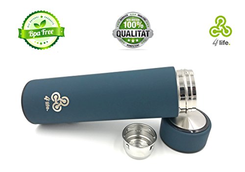 4life. Thermosflasche 450 ml | kompakte Thermoskanne aus Edelstahl | doppelwandige Isolierkanne | Isolierflasche für Getränke, Tee und Kaffe sowie für Babynahrung. BPA - BPS Frei. Inklusive Teesieb | PREMIUM Qualität | matt blau