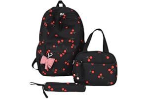 HICARRY 3PCS Floral School Bag Set, Nylon Aesthetic Large Kid Backpack, Primary Secondary Book Bag with Lunch Bag and Pencil Case for Girls (Black Cherry)