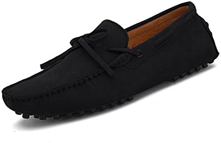 XiaoYouYu Men's Suede Leather Penny Loafer Lightweight Bowknot Slip On Flat Moccasin Black, 10.5 UK