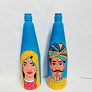 EAlma Hand Painted Bottles for Home Decor | Painted Glass Bottles Vases | Rajasthani Culture Print Bottles for Decoration | Unique Decorative Bottle Vase for Office & Living Room | Blue, Set of 2