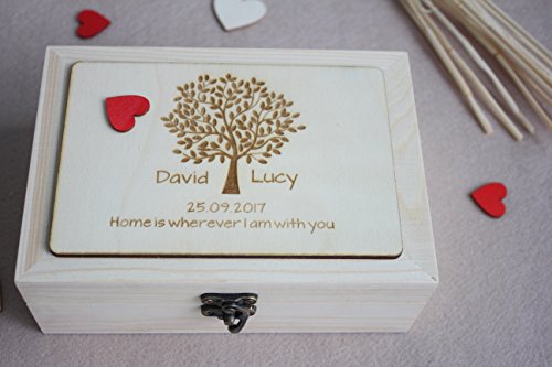 Caja de madera clásica de boda con grabado de árbol, libro de invitados para boda personalizado, buzón con corazón, caja para recuerdos y deseos de boda