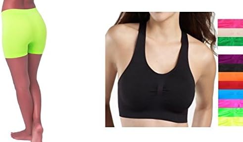 FUCHSIA, Seamless Racerback Sports Bra Exercise Yoga Fitness Top Non-Padded + NEON YELLOW, Seamless Stretch Yoga Shorts Short Color Spandex Workout Bike Tights