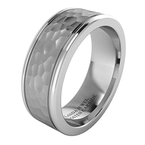 Super Heavy Tungsten Carbide 8mm Comfort Fit Hammered Wedding Band Mens Ring Dual Grooves Matt Multi-faceted Center Polished Sides