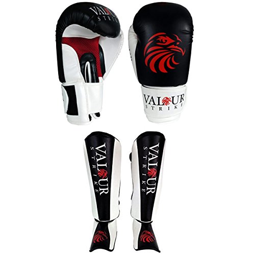 Pro Boxing Gloves 14oz & MMA Leg Guards Set ★ Fight Muay Thai Martial Arts Training Kickboxing Punching Shin Instep Pads ★ UFC Foot Kick Protector ★ Fitness Sparring - Valour Strike® (Medium)