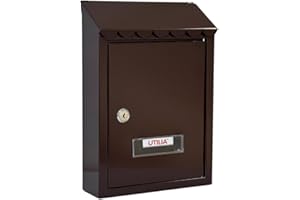 UTILIA Cassetta Postale Capri cm. 21x6x30 h, Porta Lettere in Lamiera Verniciata con Tetto, Feritoia Superiore Posteriore, Cassetta della Posta da Esterno con Serratura a Cilindro, 2 Chiavi (Marrone)