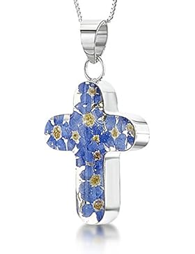 :Shrieking Violet: Kreuz-Anhänger inklusive Kette mit echtem Vergissmeinnicht, Sterling Silber 925 in Geschenkbox