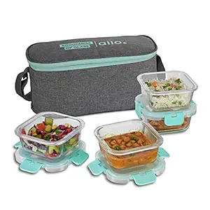 Allo FoodSafe 310ml x 4 Microwave 450?C Oven Safe Glass Lunch Box with Break Free Detachable Lock | High Borosilicate | Office Tiffin with Canvas Grey Bag |Square