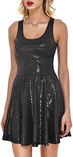 Itopfoxeu Women's Fish Scale Sleeveless Pleated Dress Tank Top Sundress Black XL