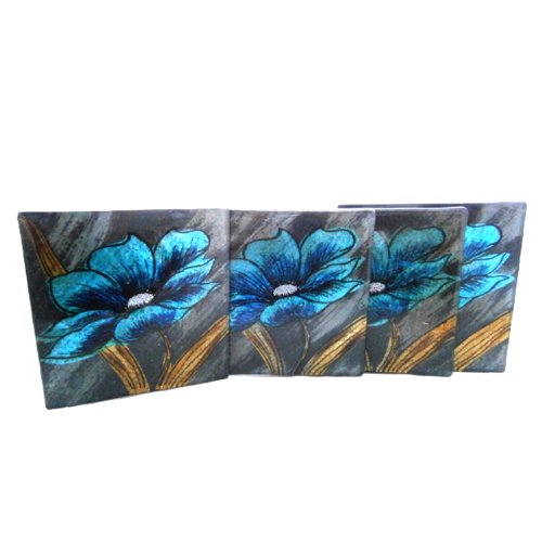 Glass Coasters set of 4 blue flower design with silver sparkle accents