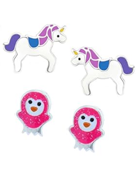 SL-Silver Set aus Kinderohrringen kleiner Uhu Eule und Einhorn 925 Silber in Geschenkbox