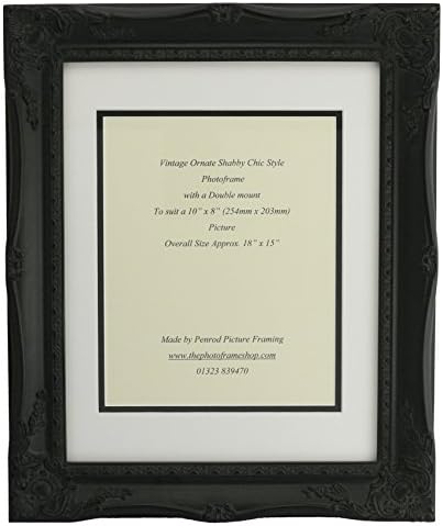 Satin Black Shabby Chic Ornate Swept Vintage Picture Frame with a Double mount for a 10" x 8" Photo