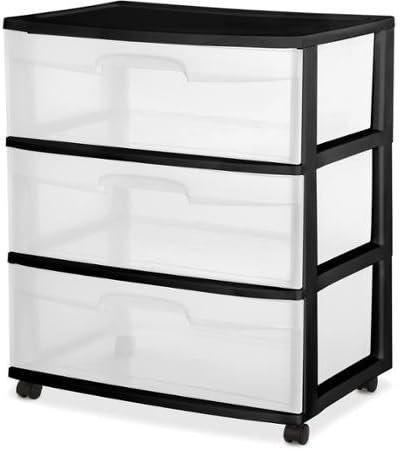 Movable 3-drawer Wide Storage Unit with Black Casing and White, See-through Pull-out Drawers - Includes Rolling Casters Added for Mobility by STERILITE