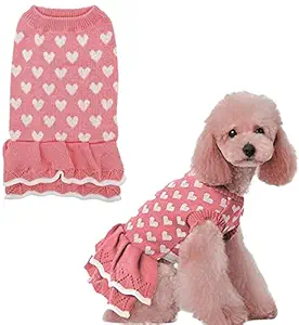 KUTKUT Small Dog Warm Cute Heart Dog Sweater Dress| Pet Beautiful Princess Style Tutu Dress | Female Girl Dog Puppy Cat Soft Knitwear Pullover Winter Clothes (Size:XL, Chest: 44cm, Back Length 37cm)