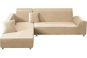ShowyLive Lot de 2 Housse de Canapé Extensible 2 Places+2 Places Housse de Canapé d'angle en Forme de L pour Canapé de Angle, Protection Canapé d'angle, Beige