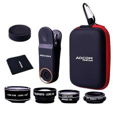 Adcom 5-in-1 Mobile Phone Camera Lens Kit is a Versatile Smartphone Photography Experience-Compatible with All iPhone and Android (Black)