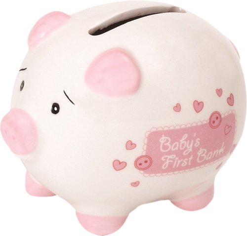Suki Gifts 10009 Keramik Sparschwein mit Schriftzug - Baby's First Bank, mit Geschenkschachtel, circa 10 cm, weiß/rosa