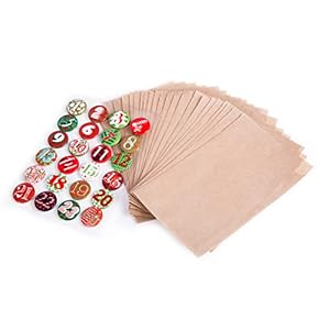 Jeu classique sac papier pour calendrier de l'Avent : 24 et 24 boutons (avec aiguille à l'arrière); de l'avent à remplir soi-même et de bricolage en couleurs vert-rouge.