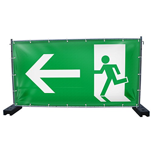 Preisvergleich Produktbild (PVC) Notausgang Piktogramm links Bauzaunbanner, Sichtschutz, Windschutz, Zaunblende, Festival Banner, 340 x 173 cm, DRUCKUNDSO