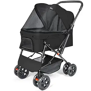 Pet Stroller - Dog Strollers for Medium Dogs and Cats, Easy to Walking Dog Cat Stroller 360 Rotating Front Puppy Stroller for Small Dogs with Mesh Windows, Removable Liner, Storage Basket (Black)
