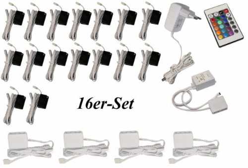 Trango 16er Set TG5022-16 RGB Farbwechsel LED Glaskantenbeleuchtung I Schrankbeleuchtung I Glasbodenbeleuchtung I Vitrinenbeleuchtung Clip I Möbelbeleuchtung I Vitrine Beleuchtung