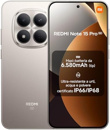 XIAOMI Redmi Note 15 Pro 5G, Smartphone 8+512GB, Batteria massiccia da 6580 mAh, IP66/IP68, Nuova fotocamera 200 MP, Display AMOLED da 6,83", Titanio, Garanzia 2 anni, Caricatore non incluso