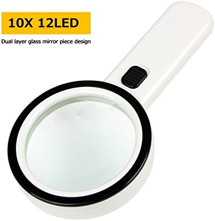 FISTE 12 Bright LEDs + 1 UV Checking lamp Double Optical Lenses 90mm Handheld Magnifying Glass, 10X Illuminated Magnifier for Reading,Inspection,Exploring,Hobbies and More (White)