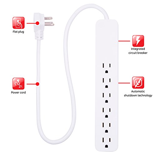 GE Power Strip Surge Protector, 6 Outlets, Fast Charge, Flat Plug, Long Power Cord, 2ft, Wall Mount, White, 40532