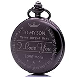 Herren Jungen Pocket Schlüsselanhänger Uhren My Son, nie vergessen, dass, Gravur'I Love You – Love Mom, für Weihnachten Geburtstag Geschenk