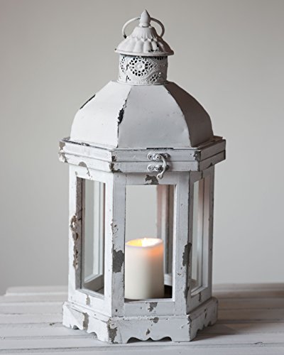 6eckige Laterne Holz weiß Kerzenhalter Deko Windlicht Vintage Auswahl (Klein (22x19x43cm))