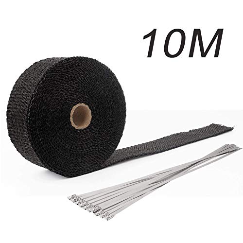 YAOBLUESEA Exhaust Tape, Exhaust Roll 10M Fiberglass Motorcycle Exhaust Header Heat Pipe Wrap + 10pcs Stainless Steel Locking Ties