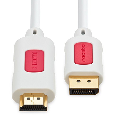 rocabo 1024 DisplayPort zu HDMI Kabel, Displayport (DP) auf HDMI, DisplayPort (Stecker M) zu HDMI (Stecker A), für PC, Computer, TV, Beamer, inkl. Audio-Übertragung, 1080p FULL HD, 2,00m, weiß - 2