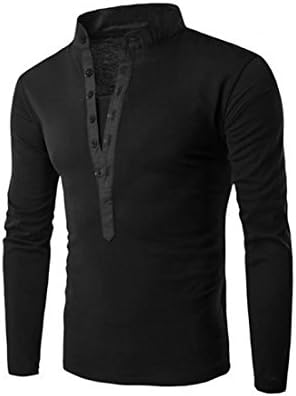 SBOYS Mens Casual Henley T-Shirts Long Sleeve Polo T Shirts Plain Button Cotton V Neck Solid (Black,L)