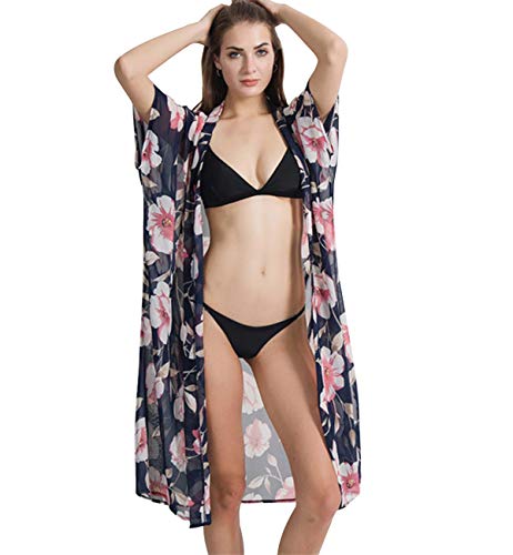 Lachi Mujer Camisolas Pareos de Playa Bikini Cover Up Vestido de Playa Chal Cárdigan Kimono Florales para Playa Viaje Beach Vacación Anti UV Gasa