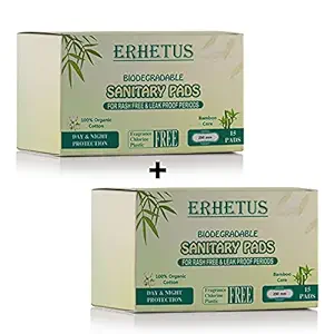 ERHETUS Premium Biodegradable Sanitary Pads for Women | Eco-Friendly Natural & Organic Cotton Base Bamboo Sanitary Napkins for Rash Free Periods - 30 Pads (Combo of 2*15 pads, XL, 290mm)