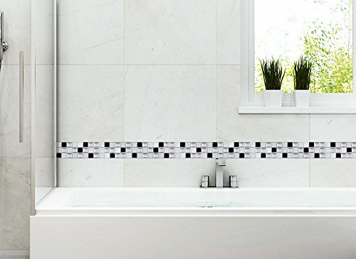 4er Set 25,3 x 5,4 cm Grandora Mosaik 3D Fliesenaufkleber W5194 selbstklebend Küche Bad Wandaufkleber Fliesendekor Folie schwarz weiß silber - 4