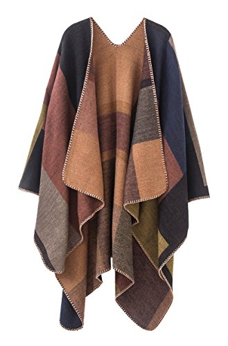 Urban GoCo Mujeres Poncho Cardigan de Punto con Bloques de Colores de Gran Tamaño Manta Capas Bufanda Chal (Caqui)