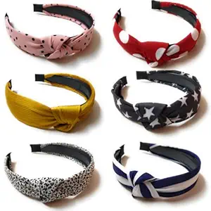 Moms Darling Hair Accessories Korean Style Solid Fabric Polka Dot Knot Stylish Cute Plastic Hairband / Headband for Girls and Women, MULTICOLOR (PACK of 6)