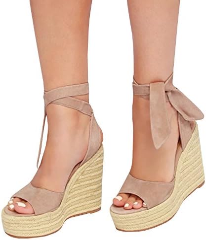 Outgobuy Women's Lace up Espadrille Wedge Platform Suede Peep Toe Strappy Mid Heel Summer Dress Sandals (39, Khaki)