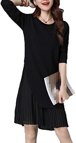 Womens Fashion Long Knitted Jumper Dress Spliced Pleated Hem Long Sleeve Swing Sweater Dress,Black-L