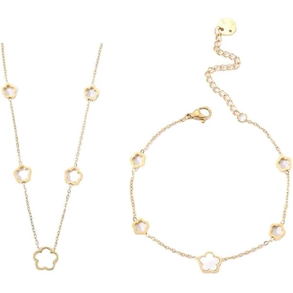 Set Gioielli Quadrifoglio Donna - Bracciale, Collana, Orecchini, Anello In Acciaio Oro Rosa, Ipoallergenico - Foto 2