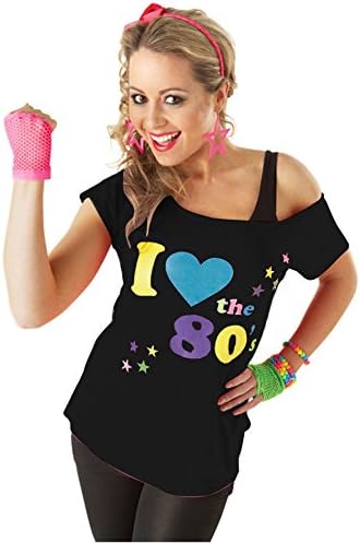 OTP Deluxe I Love The 80's Ladies Pop Star T-Shirt Black Sexy Retro Top Fancy Dress Costume