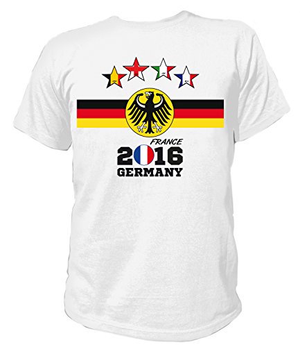 Artdiktat Herren Deutschland Fan T-Shirt – 4 Sterne Europameister 2016 Frankreich – Trikot Ersatz – inkl. Wunschname und Nummer S – 5XL Größe S, weiß