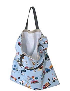 Kinder Tragetasche Stoffbeutel mit Reißverschluss groß 40 x 42 cm Fahrzeuge blau