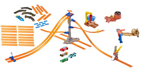 Hot Wheels Track Builder Mega Pack Workshop Over 40ft of track, 5 Lane Tower Starter Set, Alien Launcher Stunt, 5 Vehicles, Crate Crash Stunt & Track Esssentials Curve Pack...Combined RRP over £100