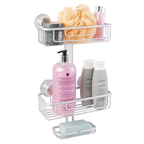 mDesign Duschregal fürs Badezimmer aus Aluminium mit Saugnäpfen – 3 Ebenen – Duschablage für Shampoo, Conditioner, Duschgel und weiteres Badzubehör – Extragroße Duschaufbewahrung – Farbe: Silber - 2
