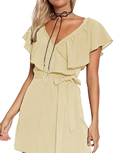 YOINS Chic Sexy Élégante Femme Col Deep V Mini Robe Dress sans Manches à Ceinture Nouée Devant