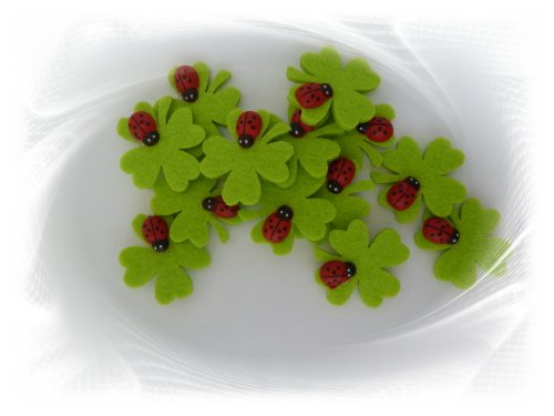 Kleeblatt Kleeblätter aus Filz mit Marienkäfer und Klebepad in 22er Pack Dekoration aus Filz mit Glückskäfer Streudeko Streuteile als Glücksbringer Tischdeko