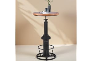 BOKKOLIK Vintage Bistro Table Height Adjustable 38.6-44.4inch Industrial Bar Table for Kitchen Dining Room Coffee House Pub Office Swivel Round Wooden Top for 2-3 People