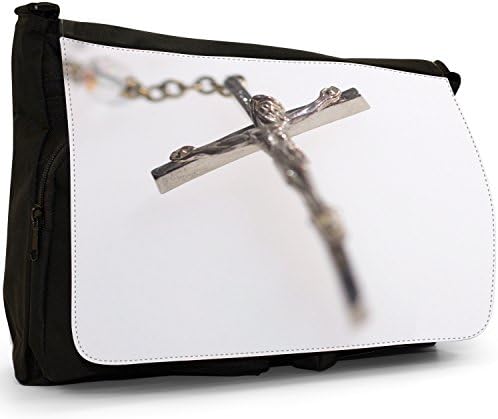 Silver Rosary with Image Of Jesus Christ on Cross Black Large Messenger School Bag